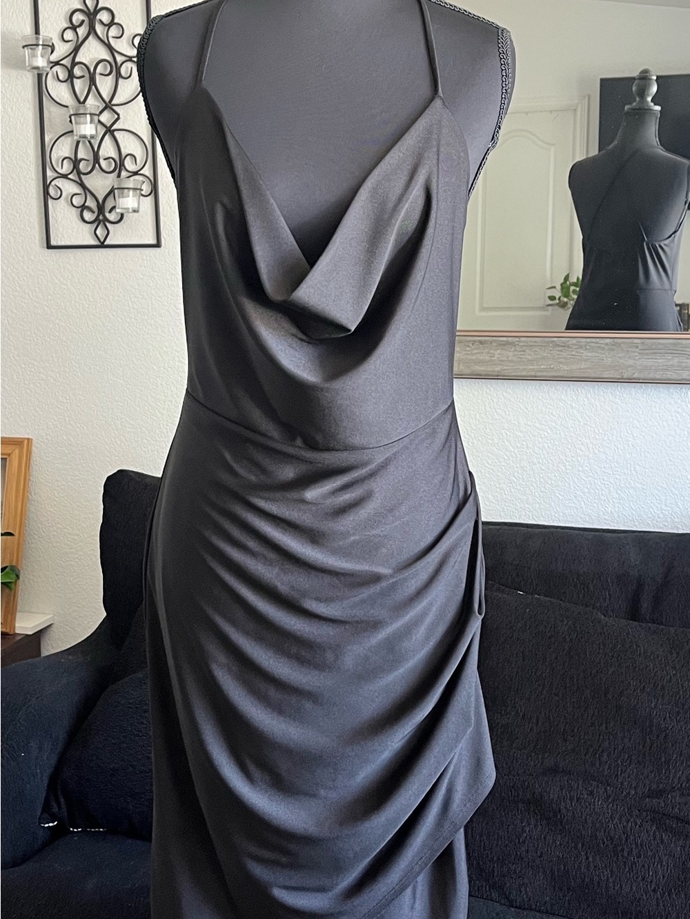Elegant Black Strapless Cowl Draped Evening Dress